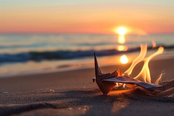 burning paper plane on a sandy beach during sunset