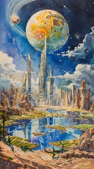 Obraz premium Futuristic Planetary City with Towering Vertical Farms in the Sky Painted in Sweeping Watercolor Strokes