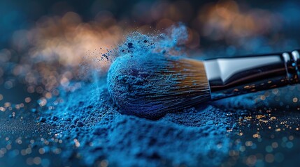 Clouse-up of makeup brush and face powder on blue background. Generative Ai. 