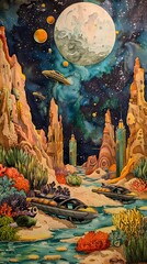 Fototapeta premium Imaginative Portrayal of Underwater Farming on an Alien Moon with Submarines Harvesting Seaweed and Fish Among Otherworldly Coral Formations in a