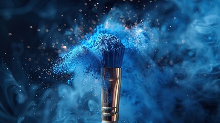 Clouse-up of makeup brush and face powder on blue background. Generative Ai. 