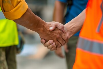 Fototapeta na wymiar Successful project: Engineer team shaking hands to demonstrate cooperation and teamwork. Concept Engineering, Teamwork, Cooperation, Success, Handshake
