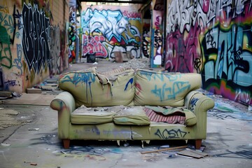 sofa with ripped cushions in a graffiticovered alley