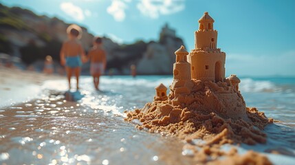 Sand tower and seaside background. Generative Ai. 