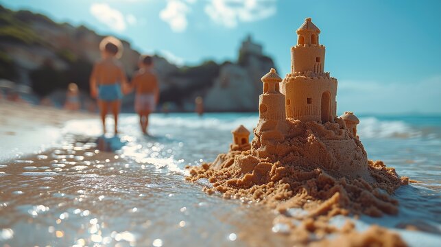 Sand tower and seaside background. Generative Ai. 