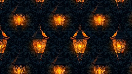 A seamless pattern of glowing street lamps against a dark background.