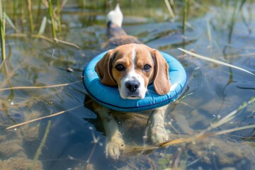 beagle dog with blue swim ring, swimming in a clear pond