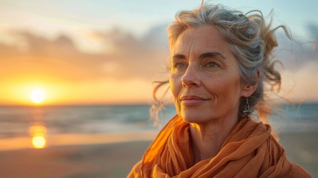 Serene sunset scene with a mature woman gazing at the ocean