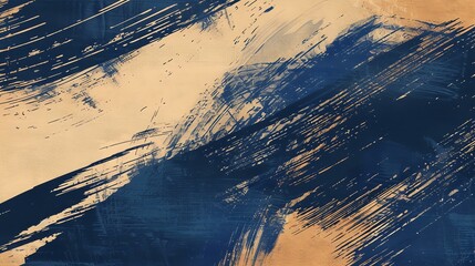 Abstract painting with blue and brown brush strokes. The painting has a rough texture and a modern feel.