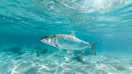 A large fish swims in the clear blue water. The sun shines down on the fish, making its scales glisten. The fish is surrounded by small bubbles.