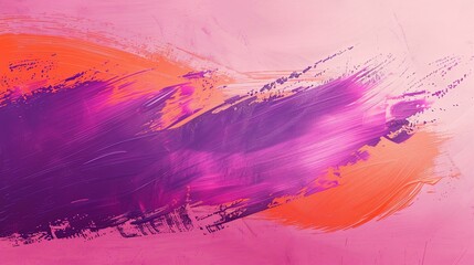 Abstract painting. Pink, purple and orange brushstrokes on pink background.