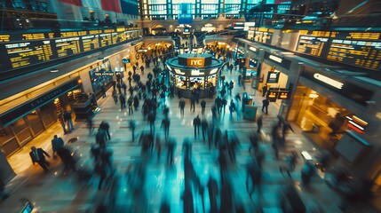 Motion blur of people walking in a busy train station.