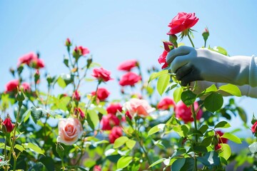 gloved person pruning rose bushes, clear day