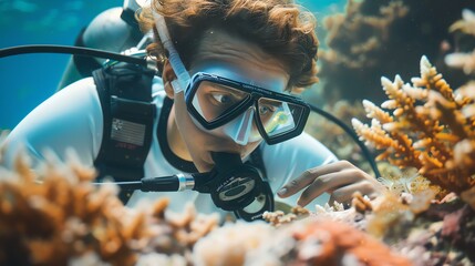 Underwater view of a scuba diver exploring a coral reef. The diver is wearing a wetsuit and a mask, and is surrounded by colorful fish and coral.