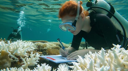 A young female scuba diver in a black wetsuit and red hair swims over a beautiful coral reef. She is holding a clipboard and writing something down.