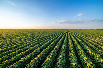 Lush rows of soybeans thriving in agricultural farmland under the evening sky