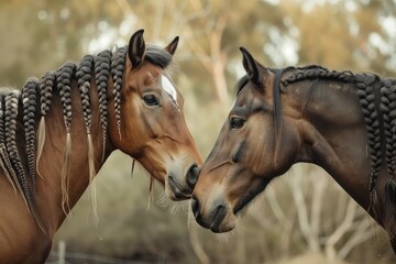 horses with braided manes standing face to face in a paddock - obrazy, fototapety, plakaty