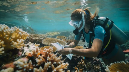 Underwater image of a female scuba diver in a blue wetsuit and mask exploring a coral reef. She is taking notes on a clipboard.