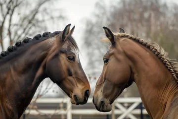 Foto op Plexiglas horses with braided manes standing face to face in a paddock © studioworkstock