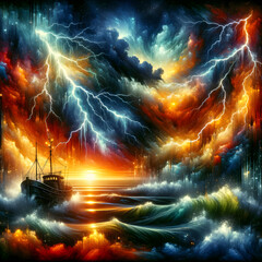 A portraying of a stormy night over the sea with a drifting fishing boat and flashes of lightning