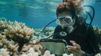 Underwater shot of a scuba diver in full gear exploring a coral reef and taking notes on a tablet.