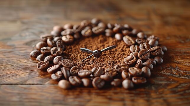 Coffee beans and coffee grinder on a wooden background. Generative Ai. 