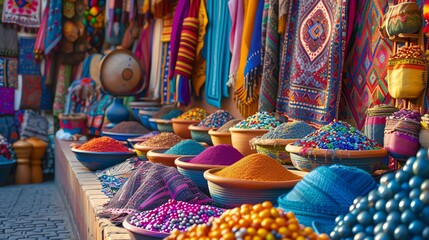 A vibrant and bustling Moroccan souk, filled with an array of colorful spices, textiles, and other goods.