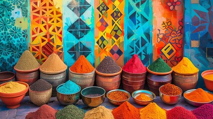 Vibrant spices in colorful pots and bowls displayed in a Middle Eastern market. The background is a mosaic of blue and green tiles.
