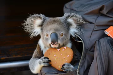 Keuken spatwand met foto koala peeking out of a backpack, gripping a heartshaped cookie © studioworkstock