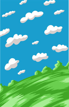 Green grass field wallpaper with blue sky and clouds as a background for  children story books