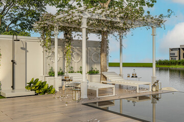 Modern home with swimming pool or Luxury private pool villa outdoor design with beach chairs