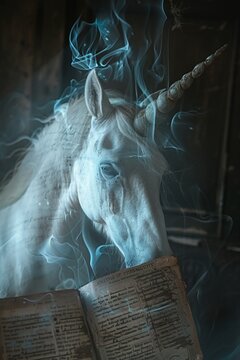 The pulse of infinity captured within a dark, haunted ledger, as a ghostly unicorn passes through, blending reality and fantasy, digital photography,