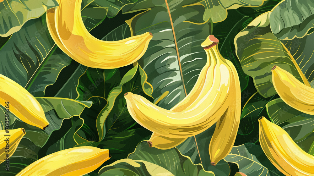 Poster illustration of yellow bananas hanging on a banana tree with a tropical leaves background in the sty