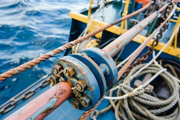 closeup of a supply vessel towing winch with ropes and chains