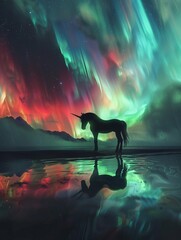 A dark ledger floating amidst a blazing aurora, with a unicorn silhouette against an eerie fantasy backdrop,