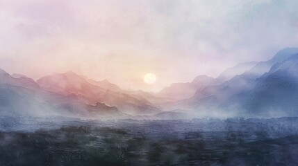 Misty landscapes rendered in soft, diffused washes of watercolor, where distant mountains fade into...