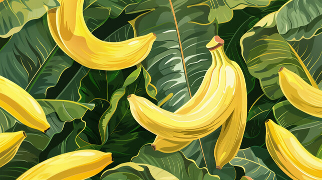 Illustration of yellow bananas hanging on a banana tree with a tropical leaves background in the style of a seamless pattern. The digital art is high resolution and hyper detailed
