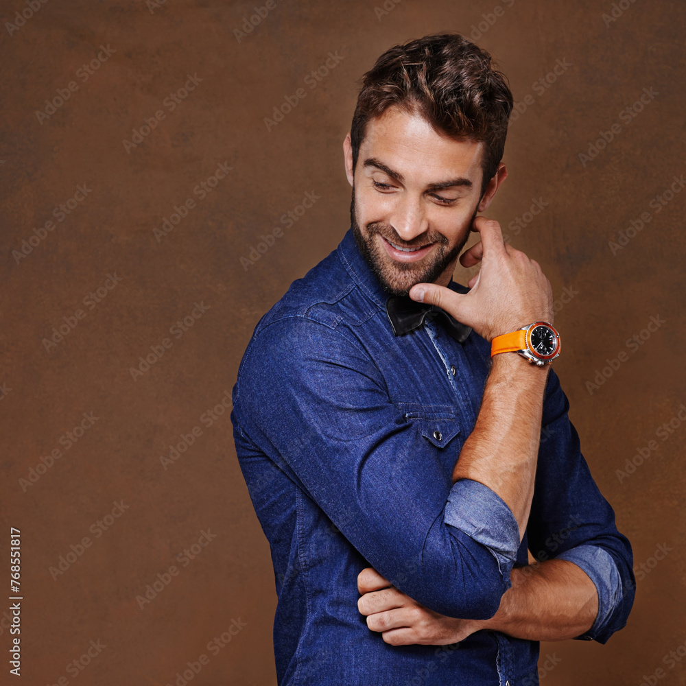 Aufkleber Thinking, smile and man in studio with idea, remember or happy memory, reflection or insight on brown background. Curious, planning and male model with emoji guess, brainstorming or problem solving