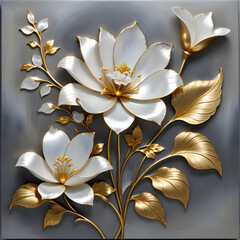 High-quality artwork mother-of-pearl silver white lacquerware and gold a flower with meticulous design by devoid of shine.(Generative AI)