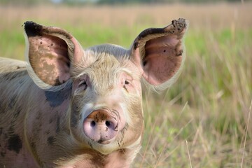 pig with mudcaked ears in open field - obrazy, fototapety, plakaty