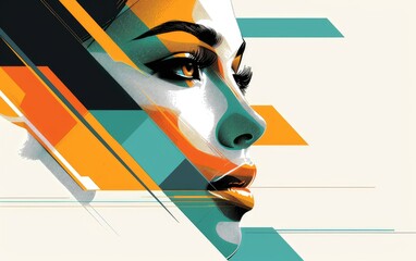 Abstract geometric portrait of a woman with striking makeup, featuring bold lines and vibrant colors.