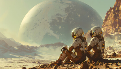 Astronaut explorers resting on the planet Mars, part of a future research mission to colonize the red planet. The image depicts a couple exploring the Martian landscape while construction of a colony. - obrazy, fototapety, plakaty