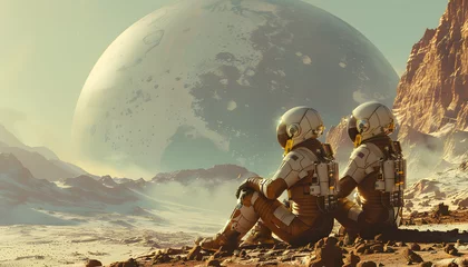 Poster Astronaut explorers resting on the planet Mars, part of a future research mission to colonize the red planet. The image depicts a couple exploring the Martian landscape while construction of a colony. © NE97