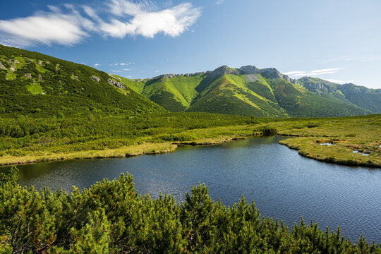 Summer mountain landscape, lake and mountain range with blue sky without people. High Tatras, Slovakia