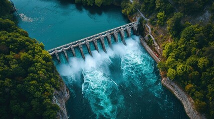 Aerial view of a dam releasing water into a river amidst lush greenery.