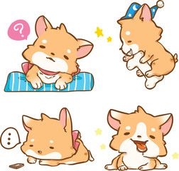 Cute little Corgi, Shiba inu dogs in various poses. Hand drawn colored vector set. Cartoon icon for communicate and express your feeling, confuse, good night, waiting, happy