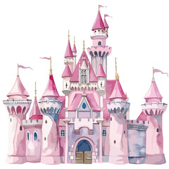 Princess castle watercolor clipart isolated on white