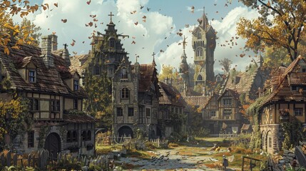 A medieval village where the inhabitants are animals dressed in period attire, going about their daily lives, illustrated with rich, earthy tones and textures. - obrazy, fototapety, plakaty