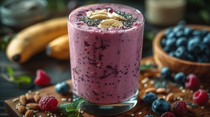 Berry smoothie with nuts in glasses. Healthy detox drink concept. Generative Ai. 