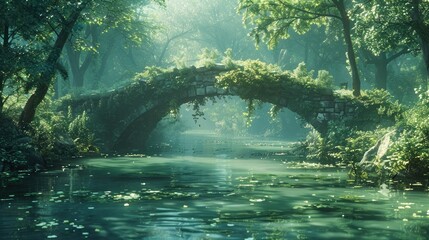 Mystical forest scene with an old stone bridge over a tranquil river, surrounded by lush greenery and soft sunlight filtering through the trees. - obrazy, fototapety, plakaty